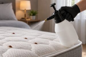 Aplicación de insecticida para eliminar chinches de cama en un colchón