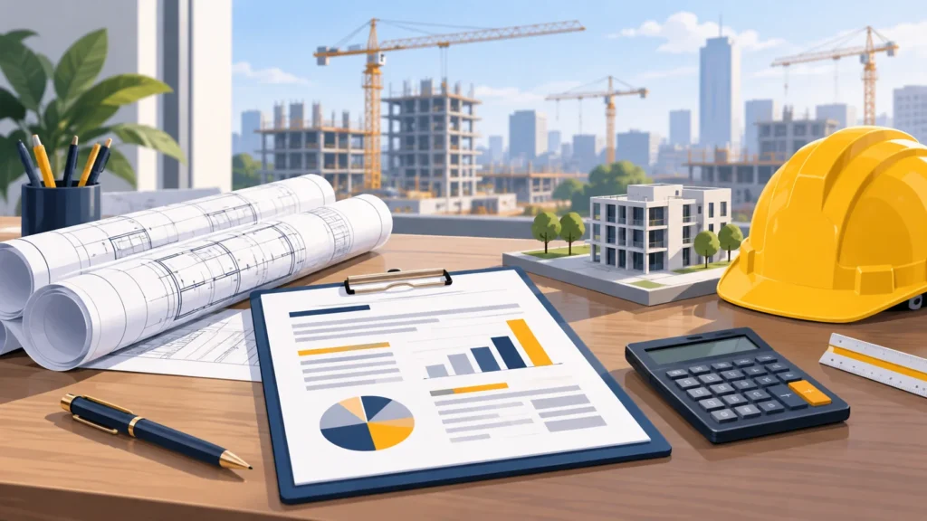 Plano de obra, presupuesto y calculadora para la gestión económica de proyectos de construcción