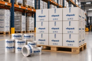 Cajas de cartón sobre un palé y rollos de cinta adhesiva personalizada de Vilapack en un almacén
