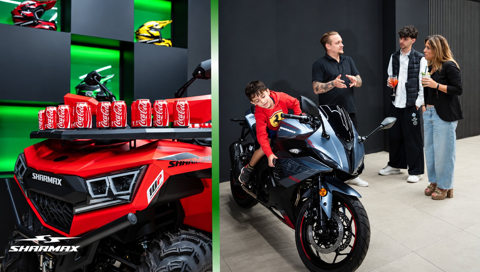 Montaje de un quad rojo y visitantes junto a una motocicleta deportiva en el showroom de Sharmax.